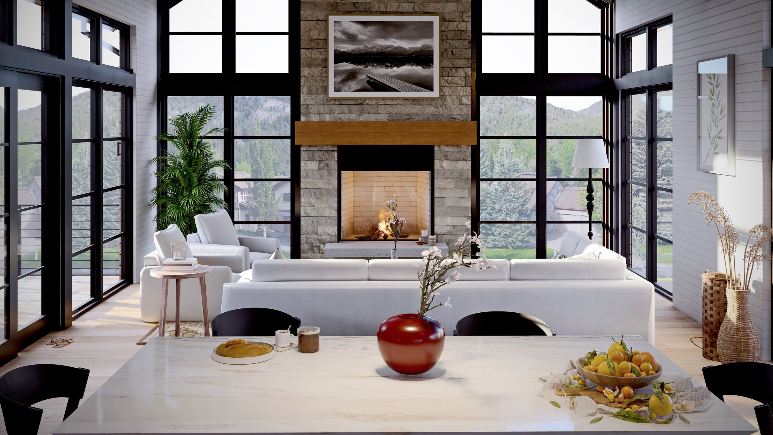 a modern living room with large windows and a fireplace in new construction for sale in ketchum, idaho.